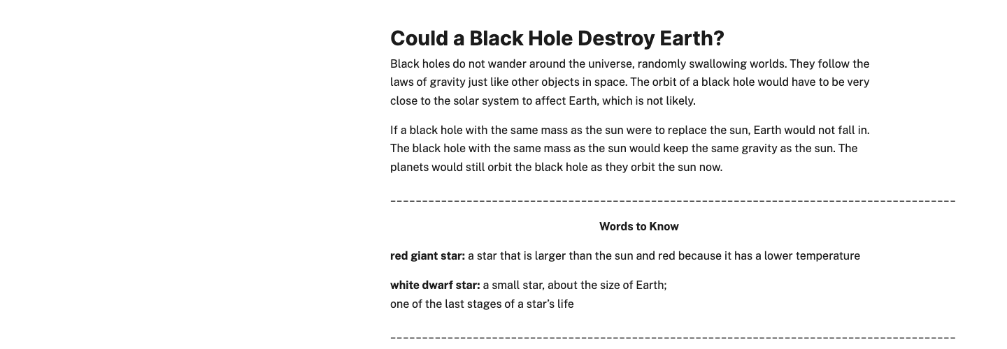 Screenshot of the section “Could a Black Hole Destroy Earth?” from the sample page: a heading and a few paragraphs of text.